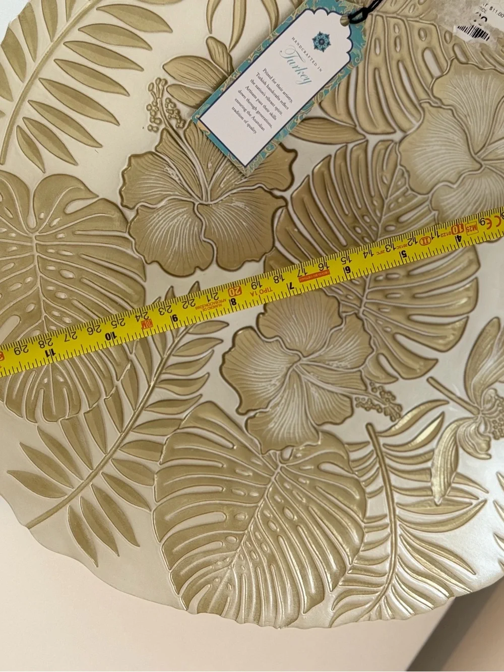 Decorative Tropical Leaf & Hibiscus Serving Bowl - Cream & Gold 13”